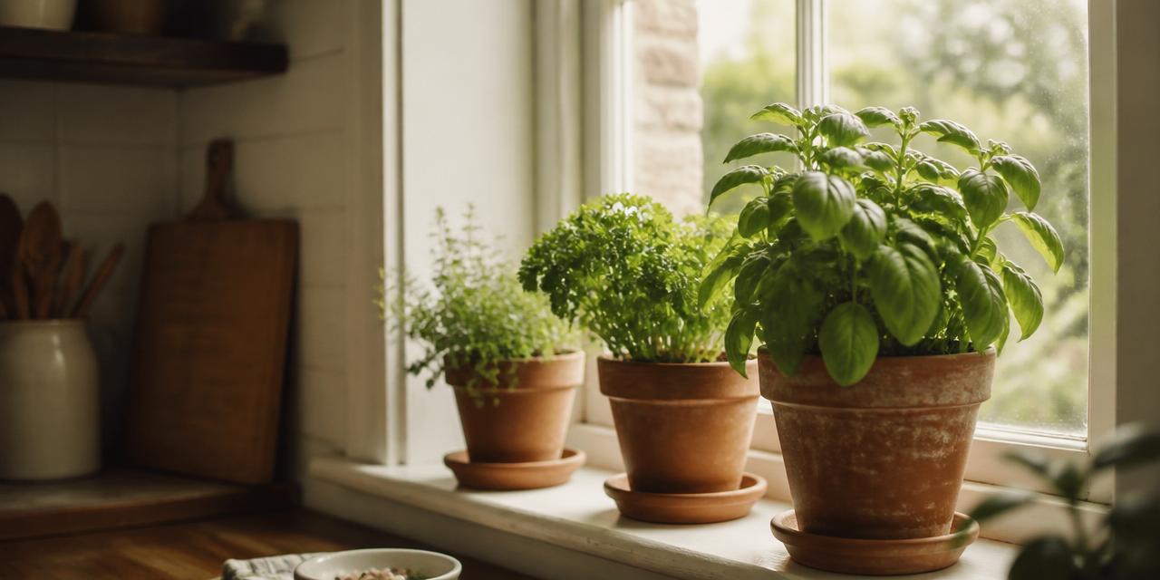 Terracotta pots of basil, parsley and thyme on a sunny windowsill