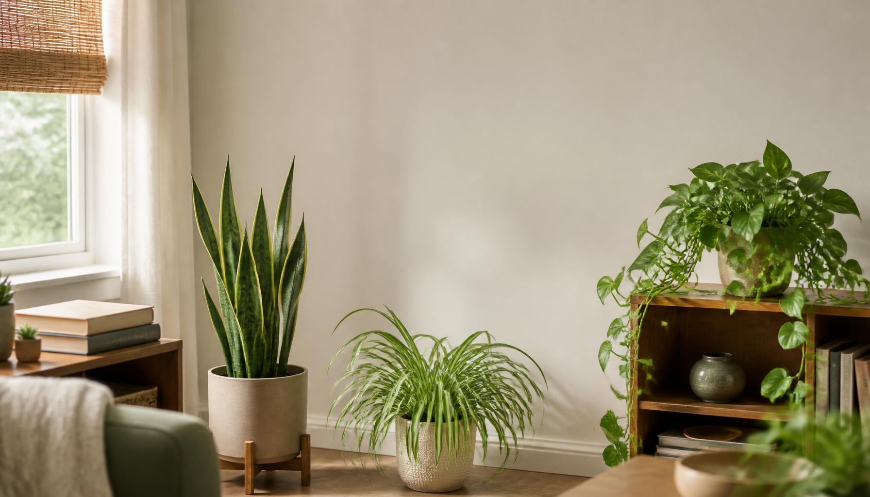 A bright living room corner with several easy-care houseplants